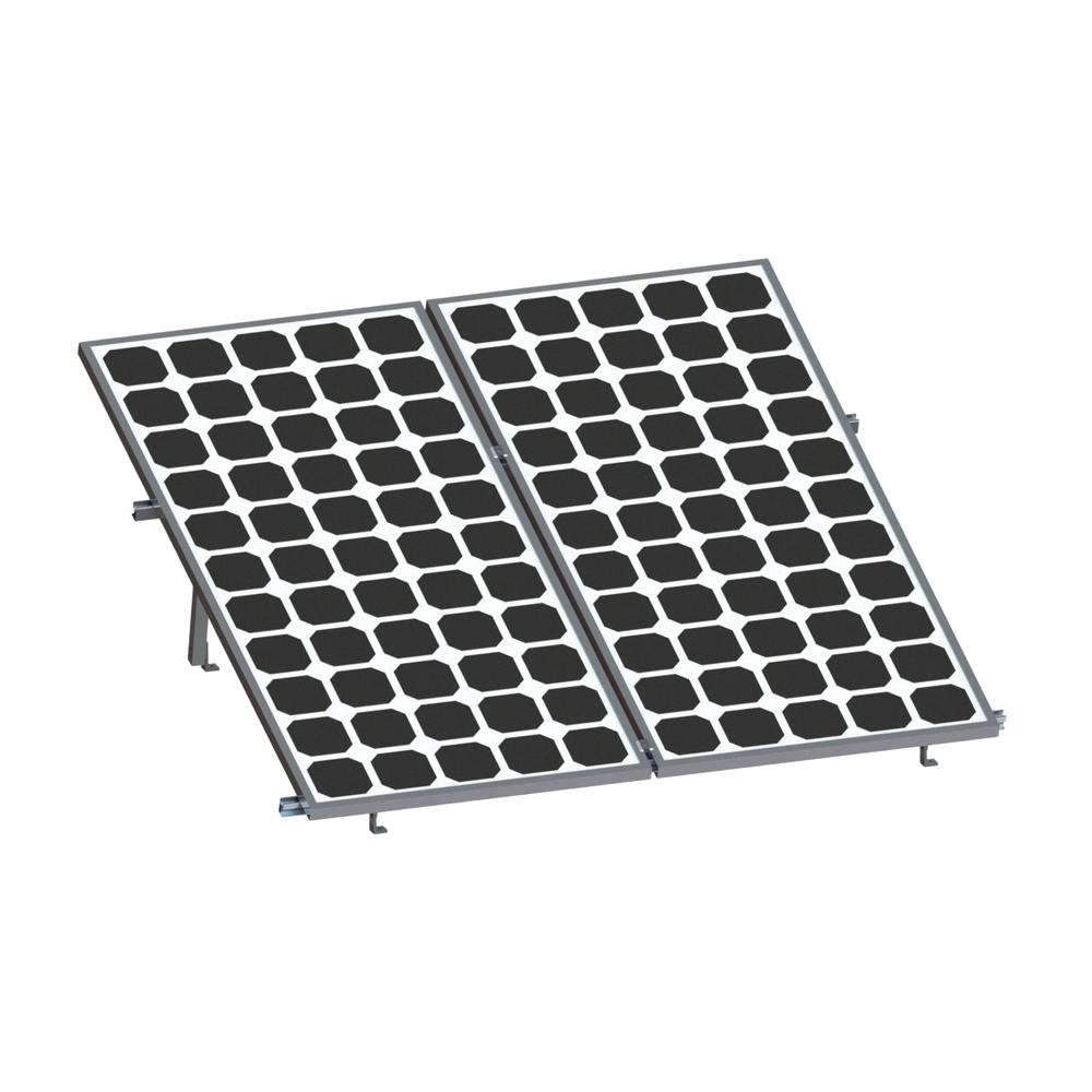 Montaje de aluminio anodizado, arreglo 1x2 para paneles fotovoltaicos de 1134mm de ancho y 35mm de espesor, Velocidad de Viento Máx. 136km/h, Inclinación 20° a 45°, modelo: Vektor