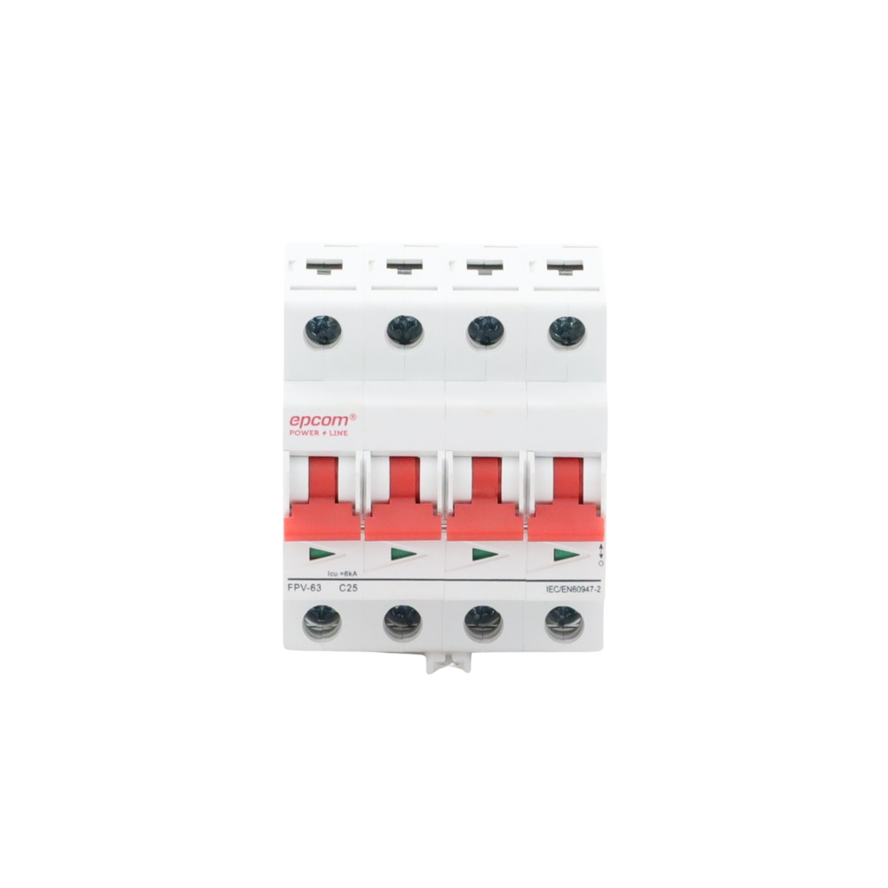 Interruptor termomagnético 4P, 25A, Corriente Directa 1000Vcd para Aplicación Fotovoltaica Montaje Riel DIN. EPCOM