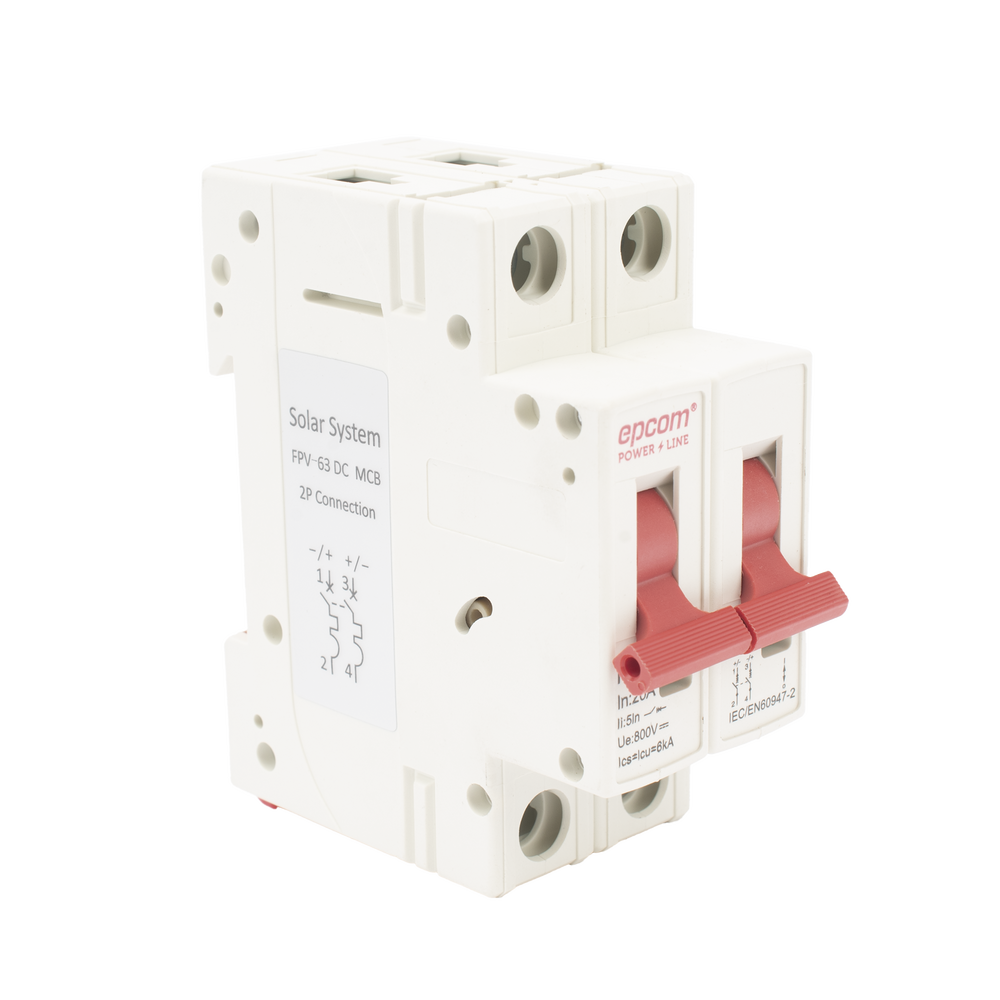 Interruptor termomagnético 2P, 20A, Corriente Directa 800Vcd para Aplicación Fotovoltaica Montaje Riel DIN. EPCOM