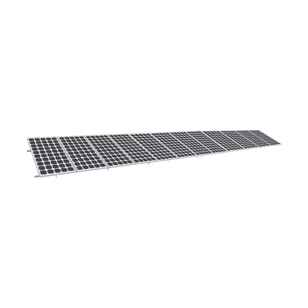 Montaje de aluminio anodizado, arreglo 1x12 para paneles fotovoltaicos de 1134mm de ancho y 35mm de espesor, Velocidad de Viento Máx. 136km/h, Inclinación 20° a 45°, modelo: Vektor