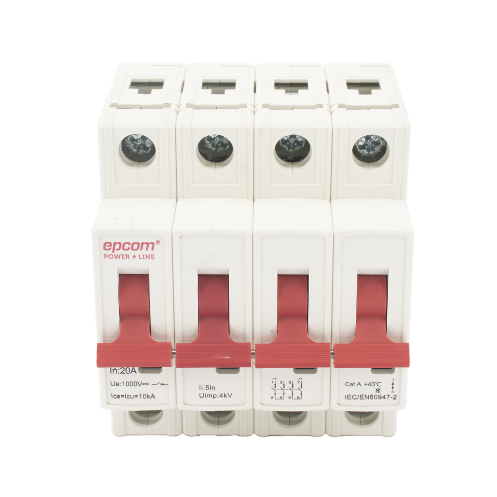 Interruptor termomagnético 4P, 20A, Corriente Directa 1000Vcd para Aplicación Fotovoltaica Montaje Riel DIN. EPCOM