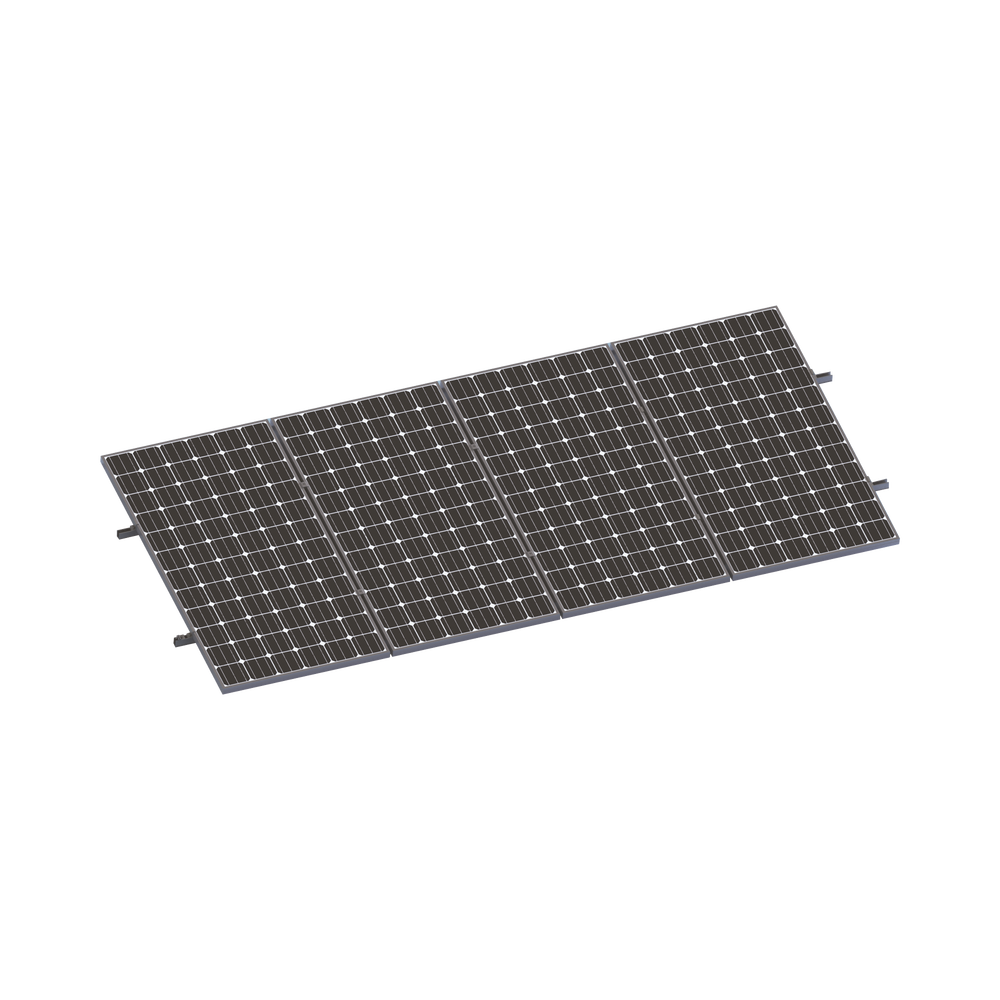 Montaje de aluminio anodizado, arreglo 1x4 para paneles fotovoltaicos de 1134mm de ancho de 30 a 35mm de espesor, Velocidad de Viento Máx. 136km/h, Inclinación 0°, modelo: Vektor