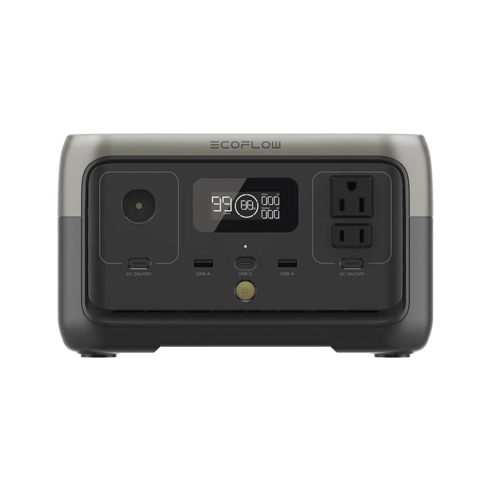 River 2 | Estación de Energía Portátil 256Wh Litio LFP / 2 AC 300 W (Max. 600W) / 1 USB-C 60W / 2 USB -A 12W / Cargador de Coche 8A a 12 o 24V / Conectividad WiFi y Bluetooth (App) / Carga Solar 110W Max. ECOFLOW