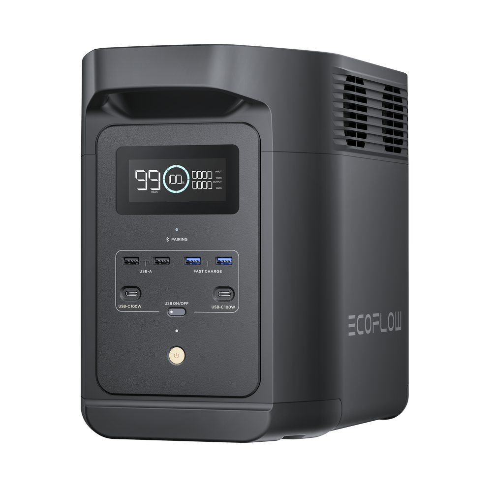 Estación de Energía Portátil de 980Wh Litio LFP / 10 Puertos AC 500 W (Max. 1000W) / 2 USB-C 100W / Cargador de Coche 10A a 12.6V / Conectividad WiFi y Bluetooth (App) / Carga Solar 500W Max. ECOFLOW