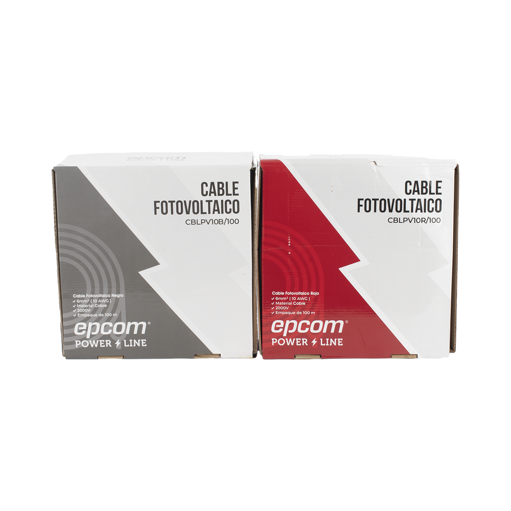 Kit de 2 rollos de 100 metros de cable fotovoltaico de cobre, rojo y negro, calibre 10 AWG (6mm²), Tipo PV,  1000/2000 V y 120°C. EPCOM POWERLINE