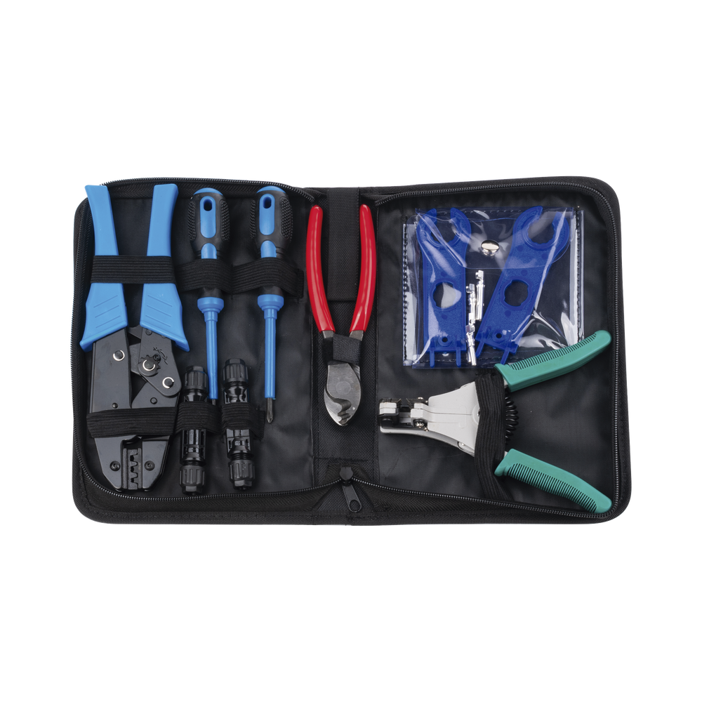 Juego de 10 Herramientas para Instalación de Sistema Solar. Incluye: Pinzas (3 tipos), Desarmadores, Llaves y Estuche.