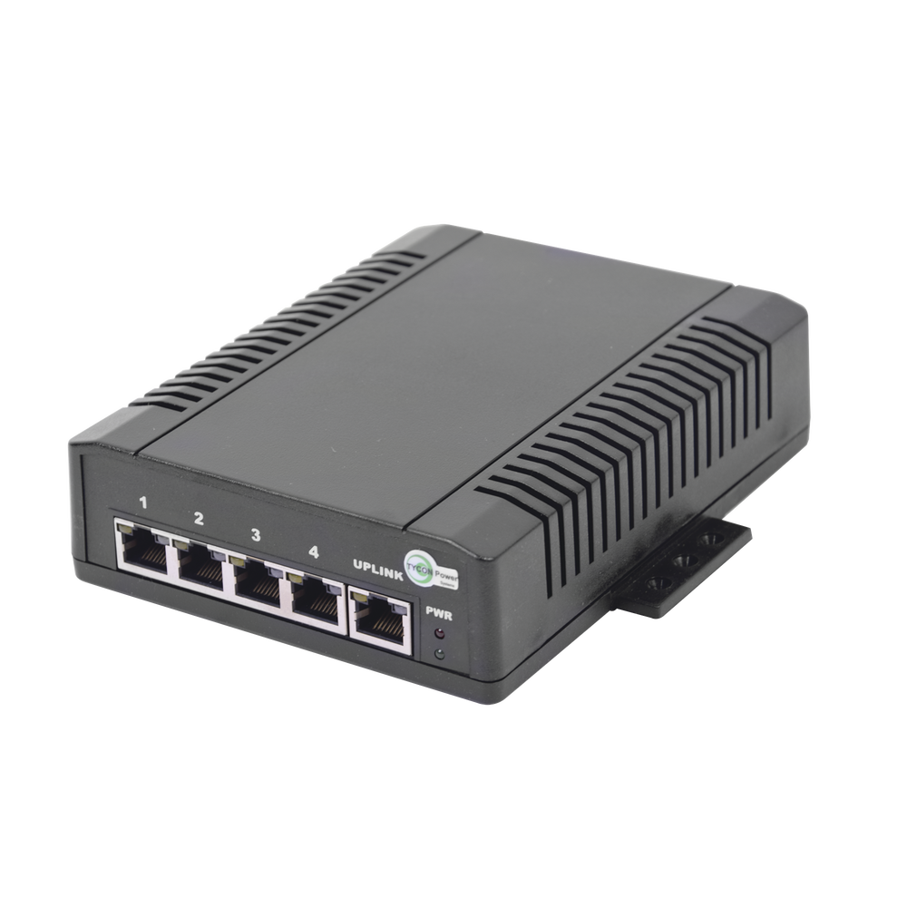 Switch para Aplicación Solar, 4 Puertos PoE 802.3 af/at 10/100/1000 Mbps y un Puerto de Datos, Entrada 12-24 VCD