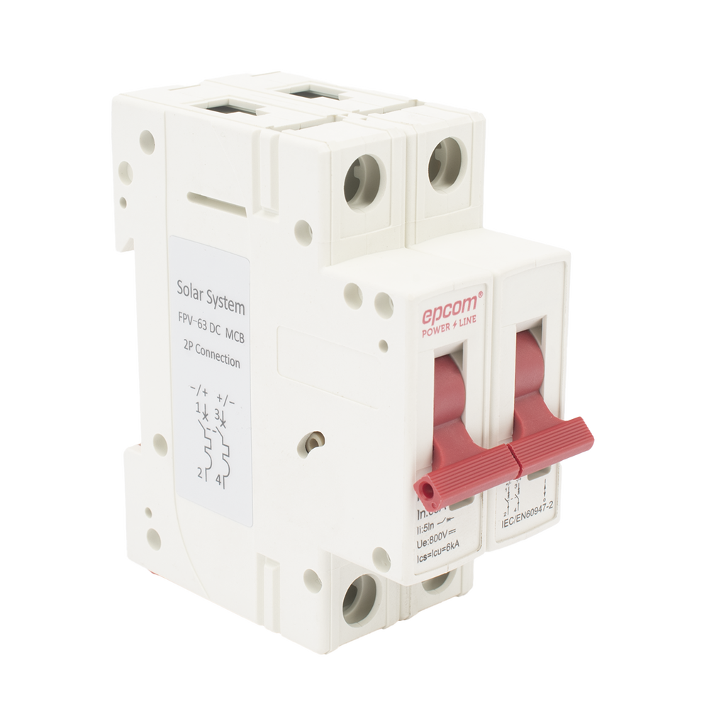 Interruptor termomagnético 2P, 63A, Corriente Directa 800Vcd para Aplicación Fotovoltaica Montaje Riel DIN. EPCOM