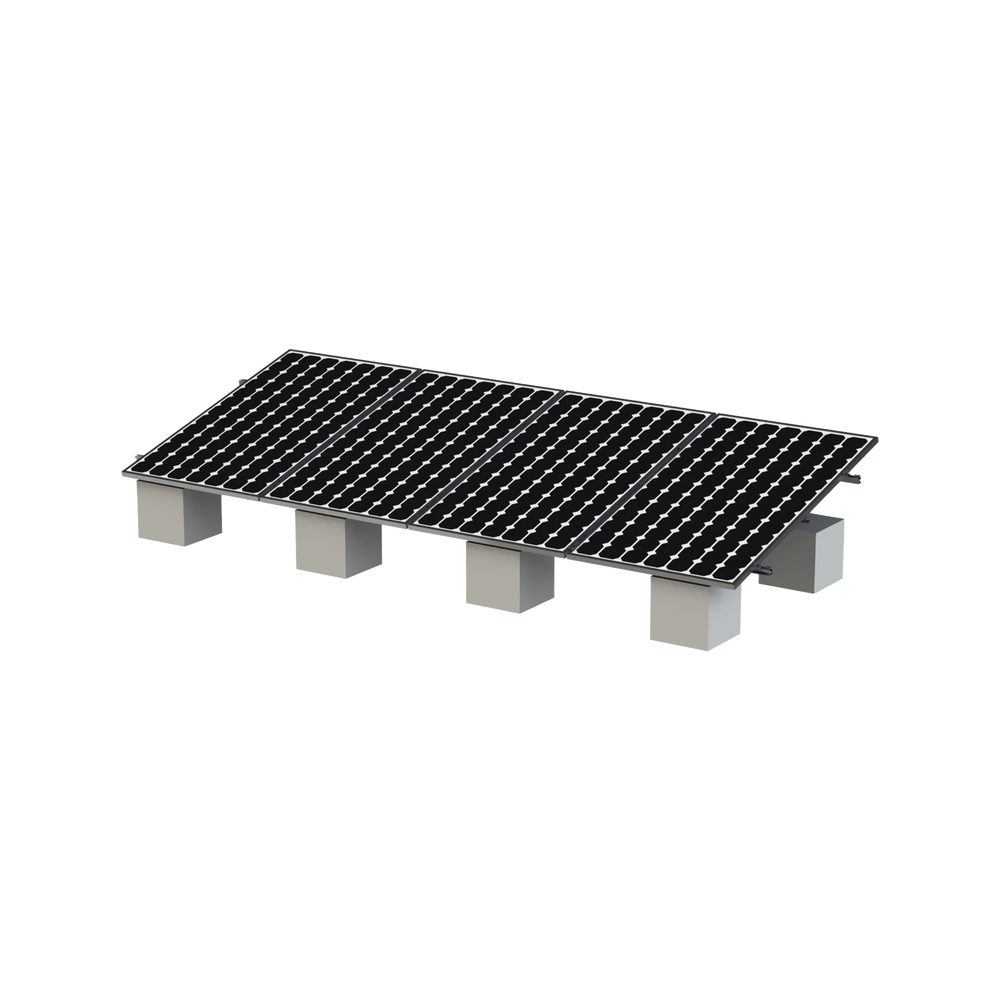Montaje de aluminio anodizado, arreglo 1x4 para paneles fotovoltaicos de 1134mm de ancho y 35mm de espesor, Velocidad de Viento Máx. 136km/h, Inclinación 20° a 45°, modelo: Vektor