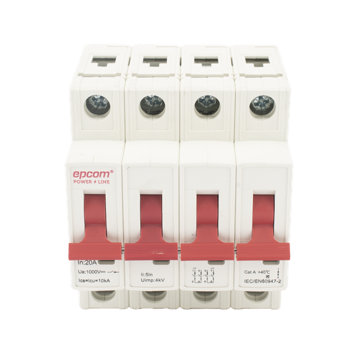 [FPV634PC20] Interruptor termomagnético 4P, 20A, Corriente Directa 1000Vcd para Aplicación Fotovoltaica Montaje Riel DIN. EPCOM