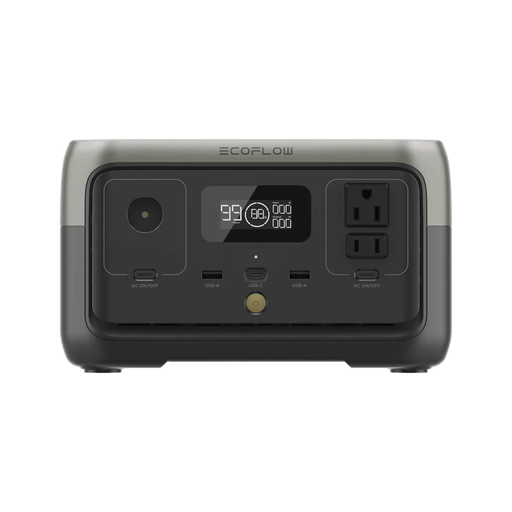 [EFR600] River 2 | Estación de Energía Portátil 256Wh Litio LFP / 2 AC 300 W (Max. 600W) / 1 USB-C 60W / 2 USB -A 12W / Cargador de Coche 8A a 12 o 24V / Conectividad WiFi y Bluetooth (App) / Carga Solar 110W Max. ECOFLOW