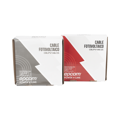 [KIT2CBLPV10RB/25] Kit de 2 rollos de 25 metros de cable fotovoltaico de cobre, rojo y negro, calibre 10 AWG (6mm²), Tipo PV,  1000/2000 V y 120°C. EPCOM POWERLINE