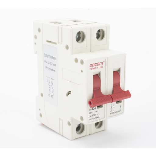 [FPV632PC40] Interruptor termomagnético 2P, 40A, Corriente Directa 800Vcd para Aplicación Fotovoltaica Montaje Riel DIN. EPCOM